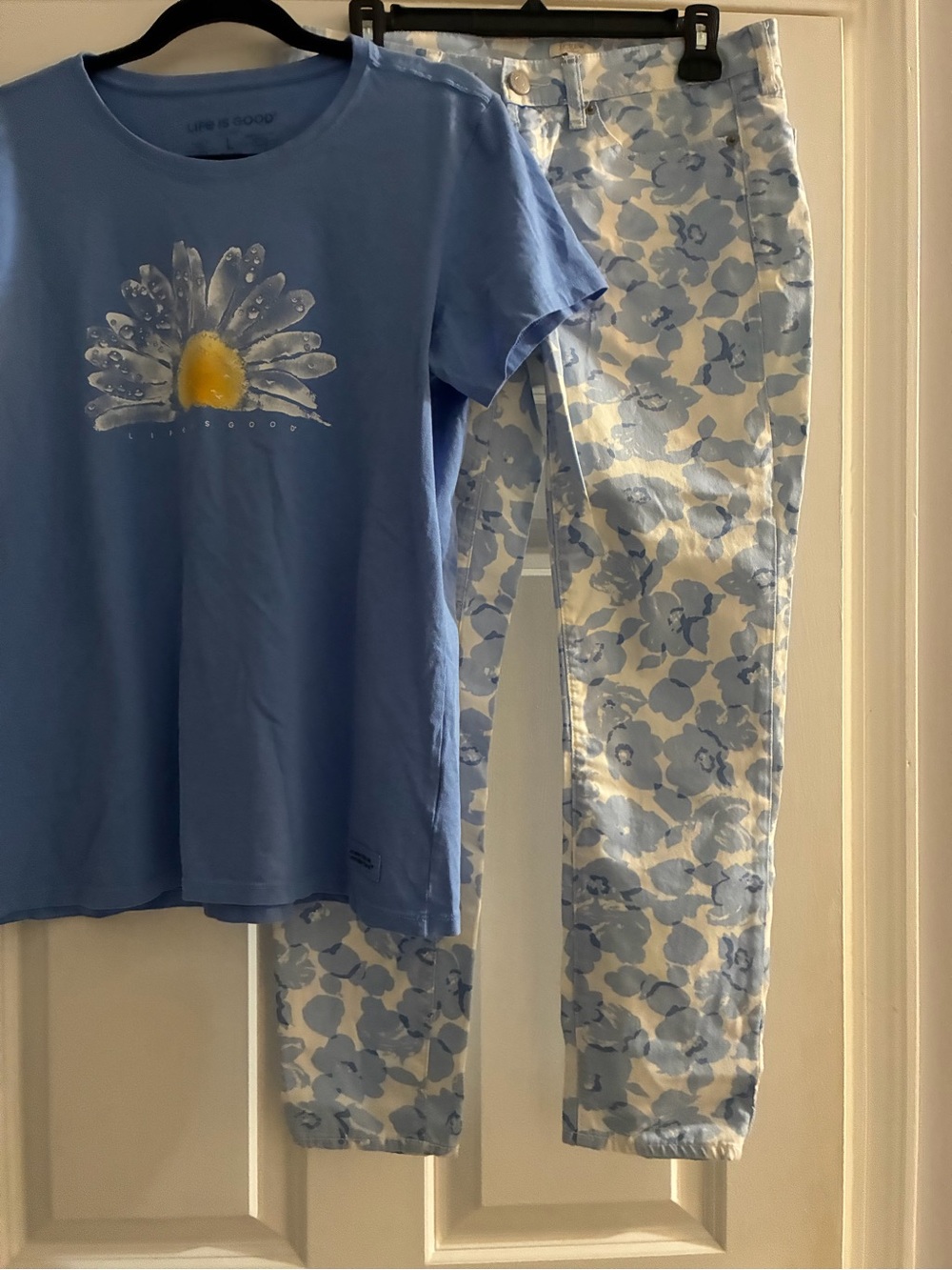 J. Crew Light Blue Floral Jeans and Life’s Good T-shirt Large